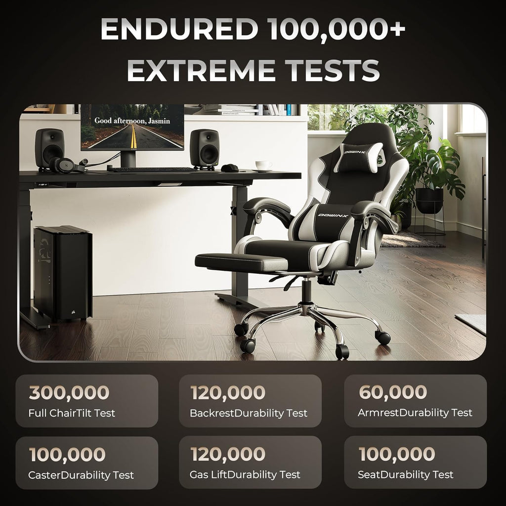 Dowinx Gaming Chair with Footrest, 330lbs Computer Chair 2D Lift Linkage Armrest, Massage Lumbar, Height Adjustable Ergonomic Comfy Video Game Chairs for Home Office Streaming, Long Gaming, White