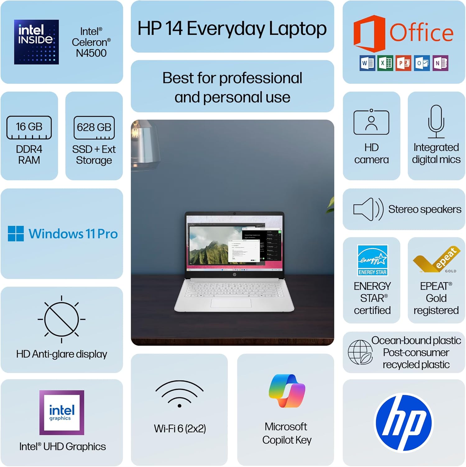 HP 14" Laptop Thin and Light for 2026 Student Business with Office Suite, Copilot AI, Intel CPU Up to 2.8GHz, 16GB RAM, 628GB Storage (128GB SSD+500GB Ext), WiFi 6, Win 11 Pro, MarxsolAccessory, White