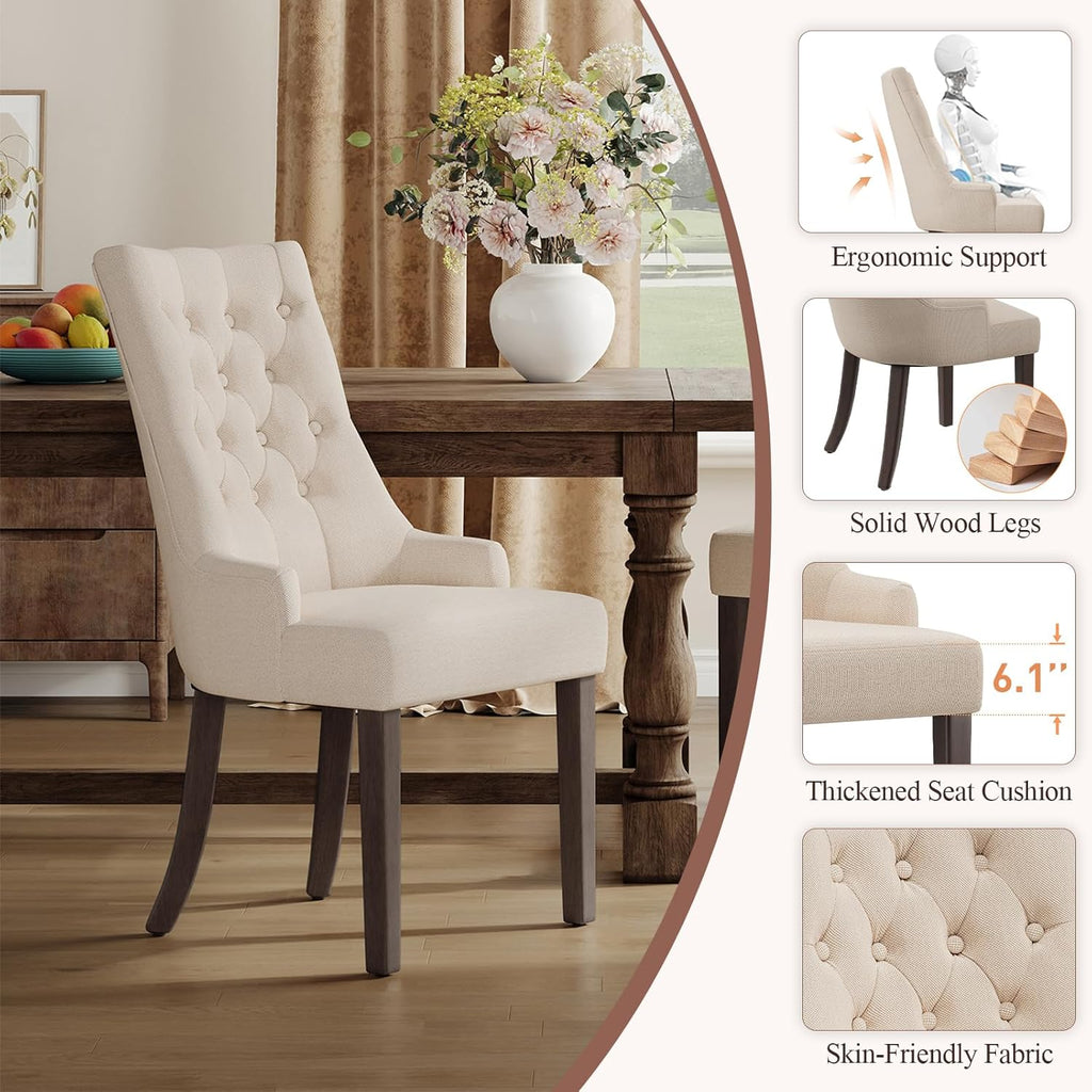 COLAMY Fabric Side Dining Chairs Set of 6, Wingback Upholstered Dining Room Chairs with Tufted Button, Living Room Chairs for Home Kitchen, Beige