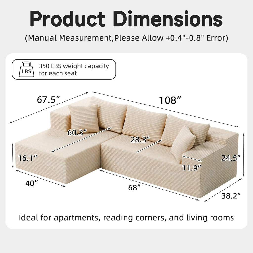 Bashaw 108" Modular Sectional Sofa Couches with Chaise, L-Shape Boneless Couch Deep Seat Upholstered Boneless Sectional Couch for Living Room (Beige, 108" Left Facing Chaise) | Sectional, Boneless, L-Shape, Deep Seat