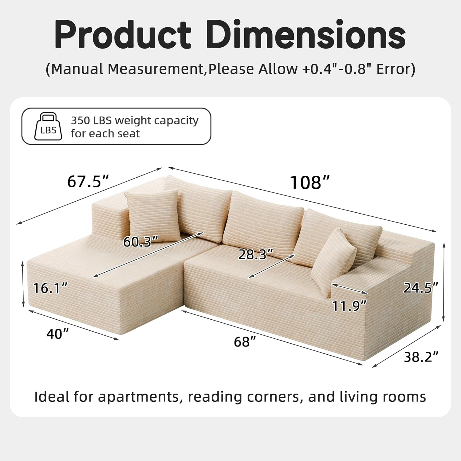 Bashaw 108" Modular Sectional Sofa Couches with Chaise, L-Shape Boneless Couch Deep Seat Upholstered Boneless Sectional Couch for Living Room (Beige, 108" Left Facing Chaise) | Sectional, Boneless, L-Shape, Deep Seat