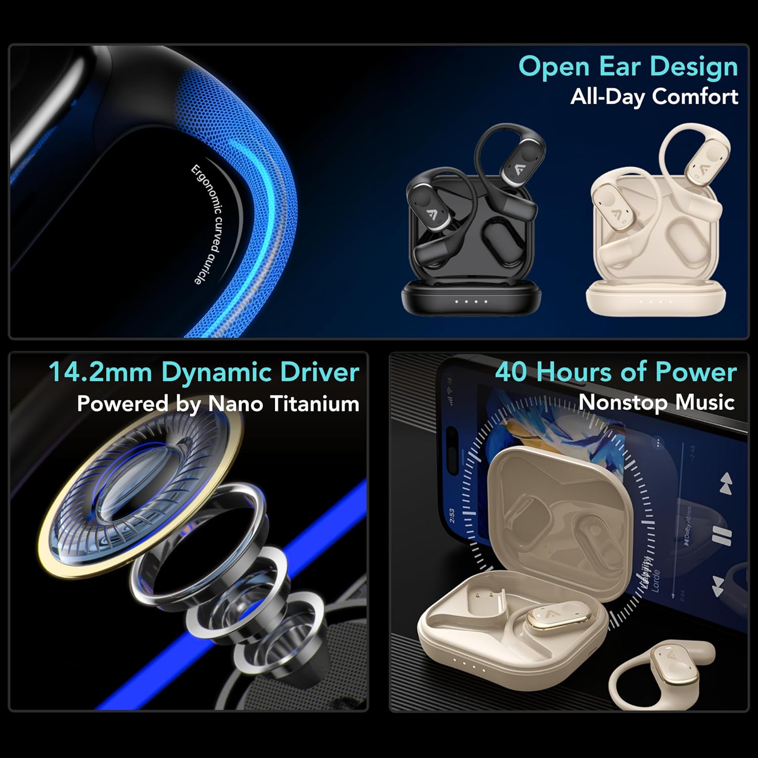 Joy Open-Ear Headphones, Wireless Bluetooth 5.4 Earbuds, Over-Ear Around-Ear Earhook, Sports Fit for Running & Workouts, ENC Clear Calls, HD Sound, App EQ, 40H Battery, IPX4 Sweatproof, Black