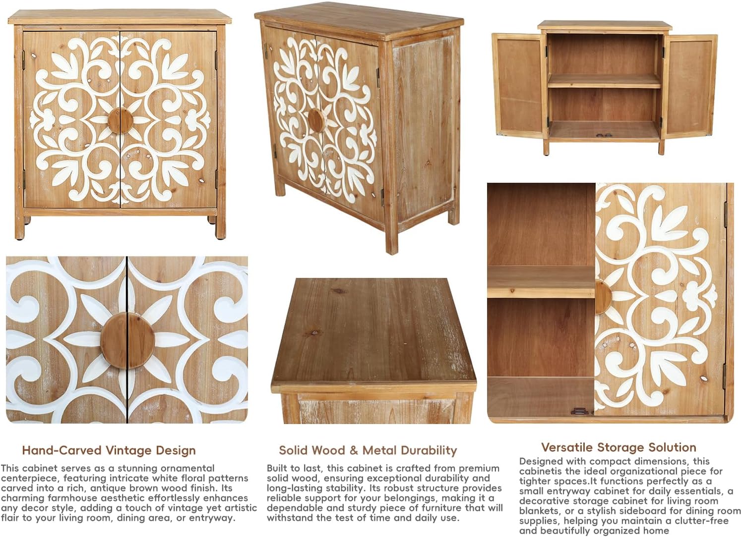 Small Entryway Cabinet with Storage - Farmhouse Cabinet for Living Room, Decorative Storage Cabinet with Floral Carvings, Antique Brown & White Accent Cabinets