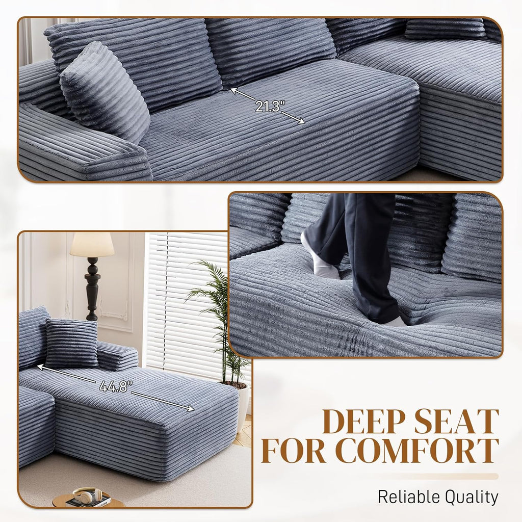 95" Boneless Cloud Sectional Couches for Living Room, Comfy Fluffy L Shaped Memory Foam Deep Seat Boneless Couch, Modular Sectional Sofa with Right Facing Chaise, Grey