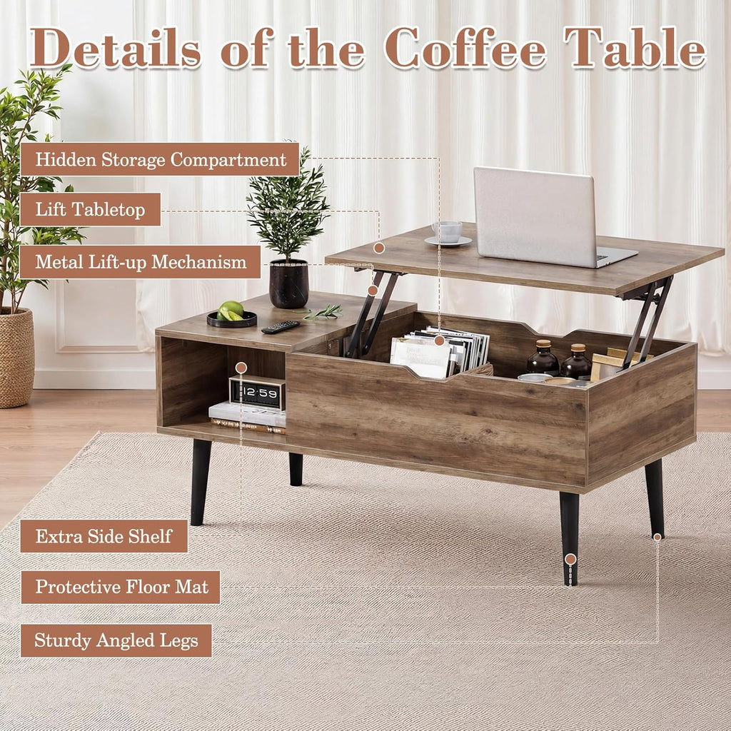OLIXIS Wooden Coffee Table, Lift Top Coffee Table with Large Hidden Compartment and Ample Storage Shelf, Lift Tabletop Dining Table for Living Room, Home Small Space, Grey