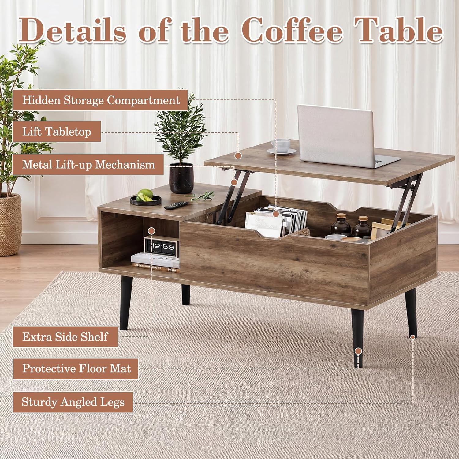 OLIXIS Wooden Coffee Table, Lift Top Coffee Table with Large Hidden Compartment and Ample Storage Shelf, Lift Tabletop Dining Table for Living Room, Home Small Space, Grey