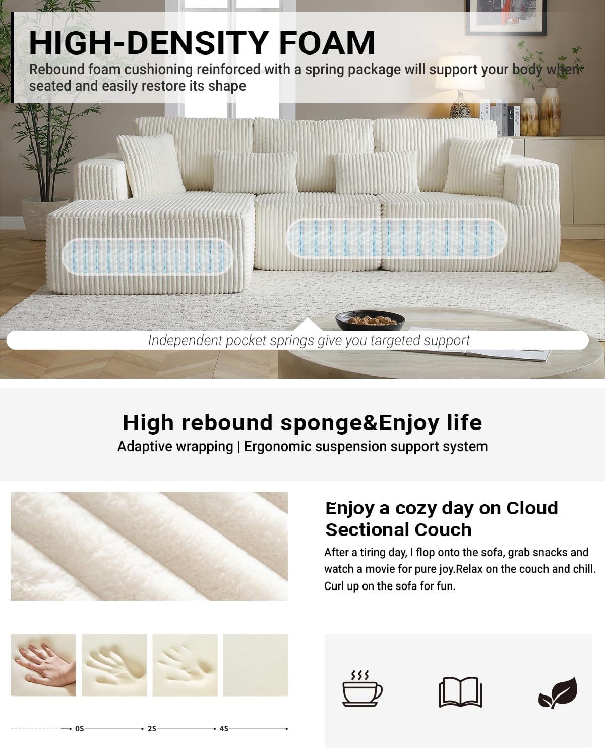 110” Modular Sectional Sofa, Cloud Sectional Couch with Deep Seat, Upholstered Boneless Couches for Living Room, Modern Modular L-Shape Sofa Couch with Chaise (Beige, 110" Left Facing Chaise)