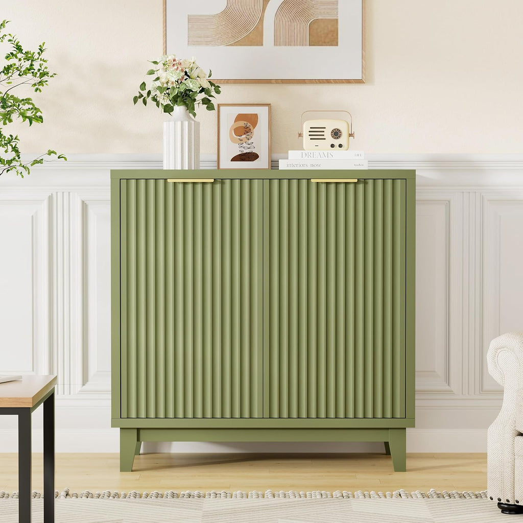 Fluted Cabinet with Storage, 2 Doors Sideboard Buffet, Mid Century Modern Accent Cabinet with Adjustable Shelves, Multifunctional Console Table with Storage for Living Room, Kitchen, Entryway, Green
