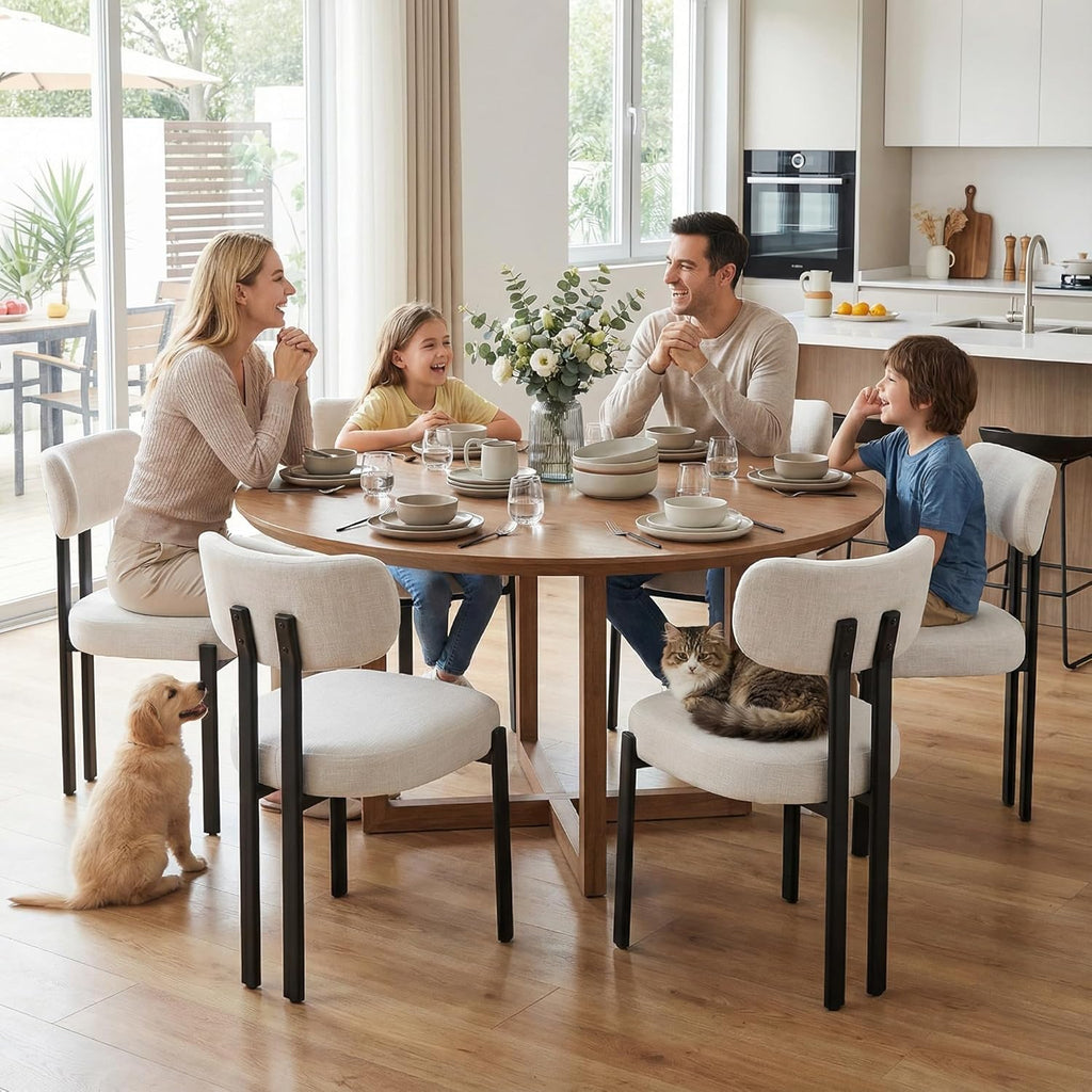 LukeAlon Linen Dining Chairs Set of 6, Curved Back Modern Side Chairs Upholstered Armless Reception Guest Chair with Black Metal Legs for Kitchen Restaurant Dining Room, Light Beige