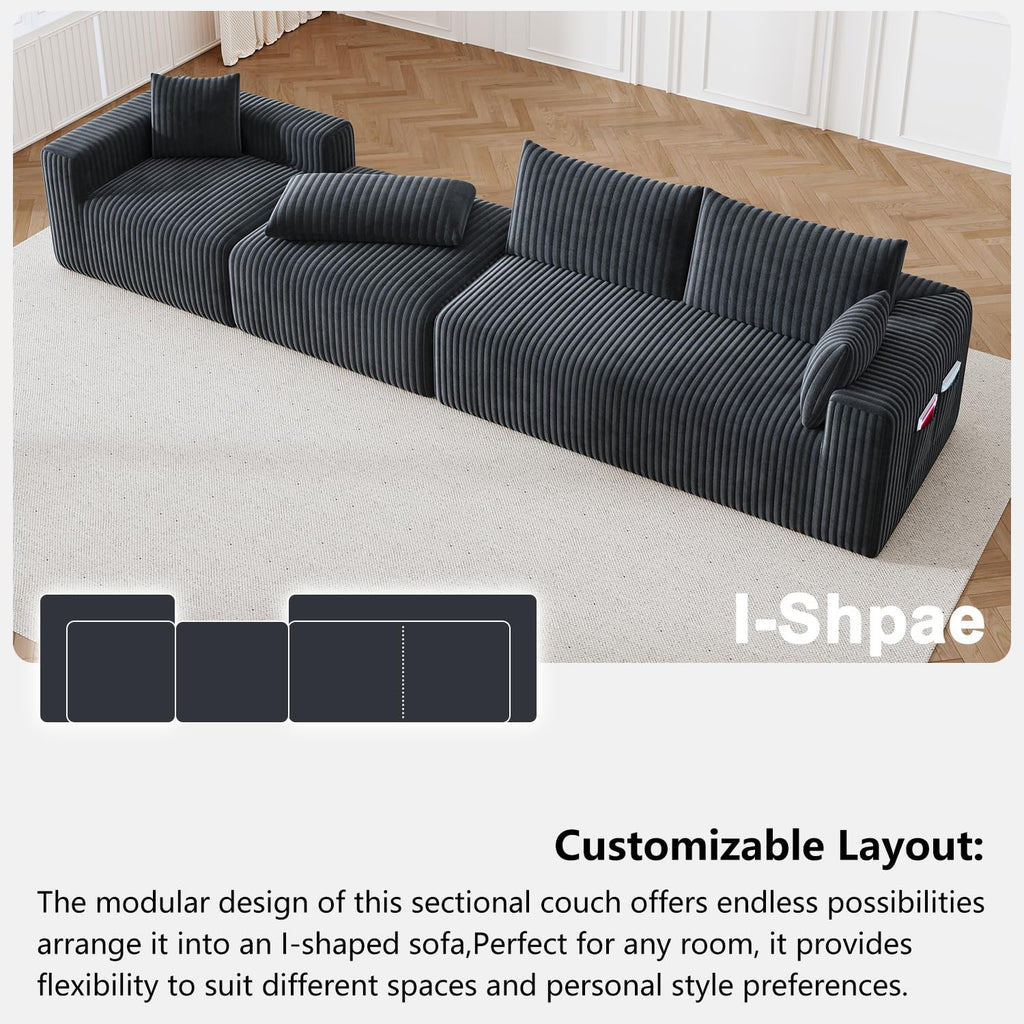 108" Cloud Couch Modular Sectional Sofa for Living Room,L Shaped Boneless Couch with Deep Seat Chaise,No Assembly Required Foam Sleeper Sofa for Apartments,Plush Corduroy Fabric, Dark Grey