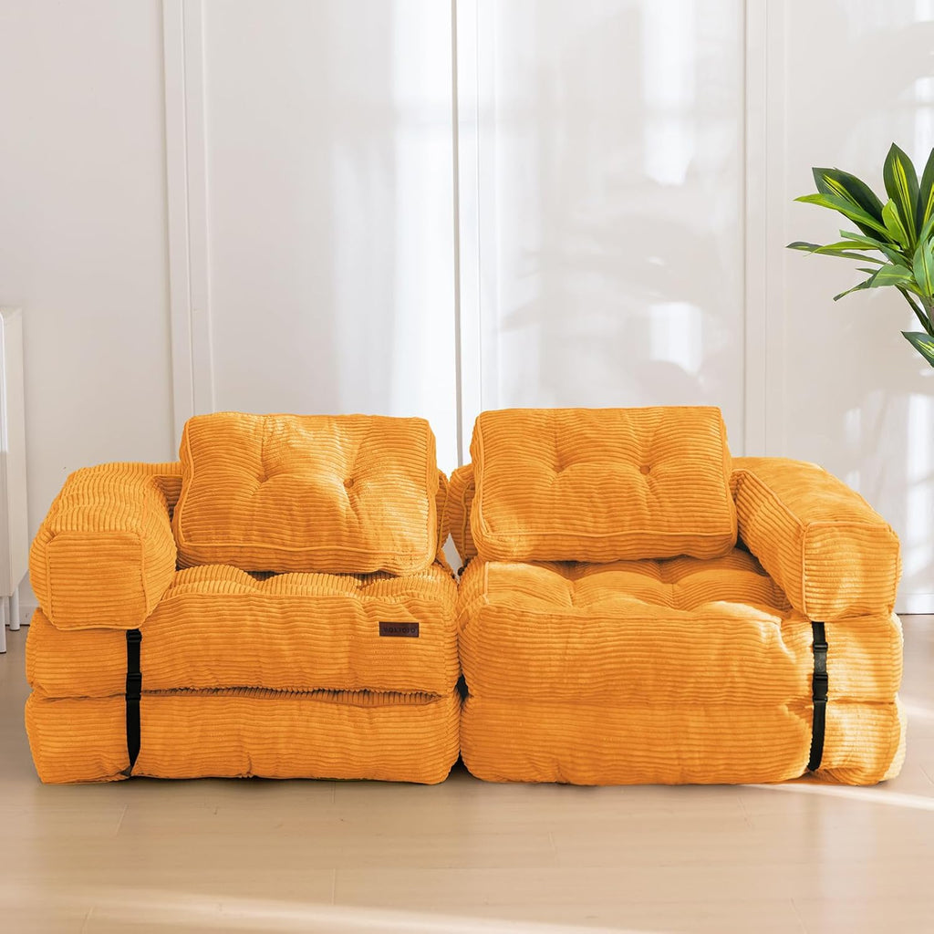 MAXYOYO Folding Sofa Bed, L-Shaped Convertible Sofa Bed Foldable Sleeper with Pillow, Portable Fold Out Chair Lounge for Living Room Bedroom, Orange