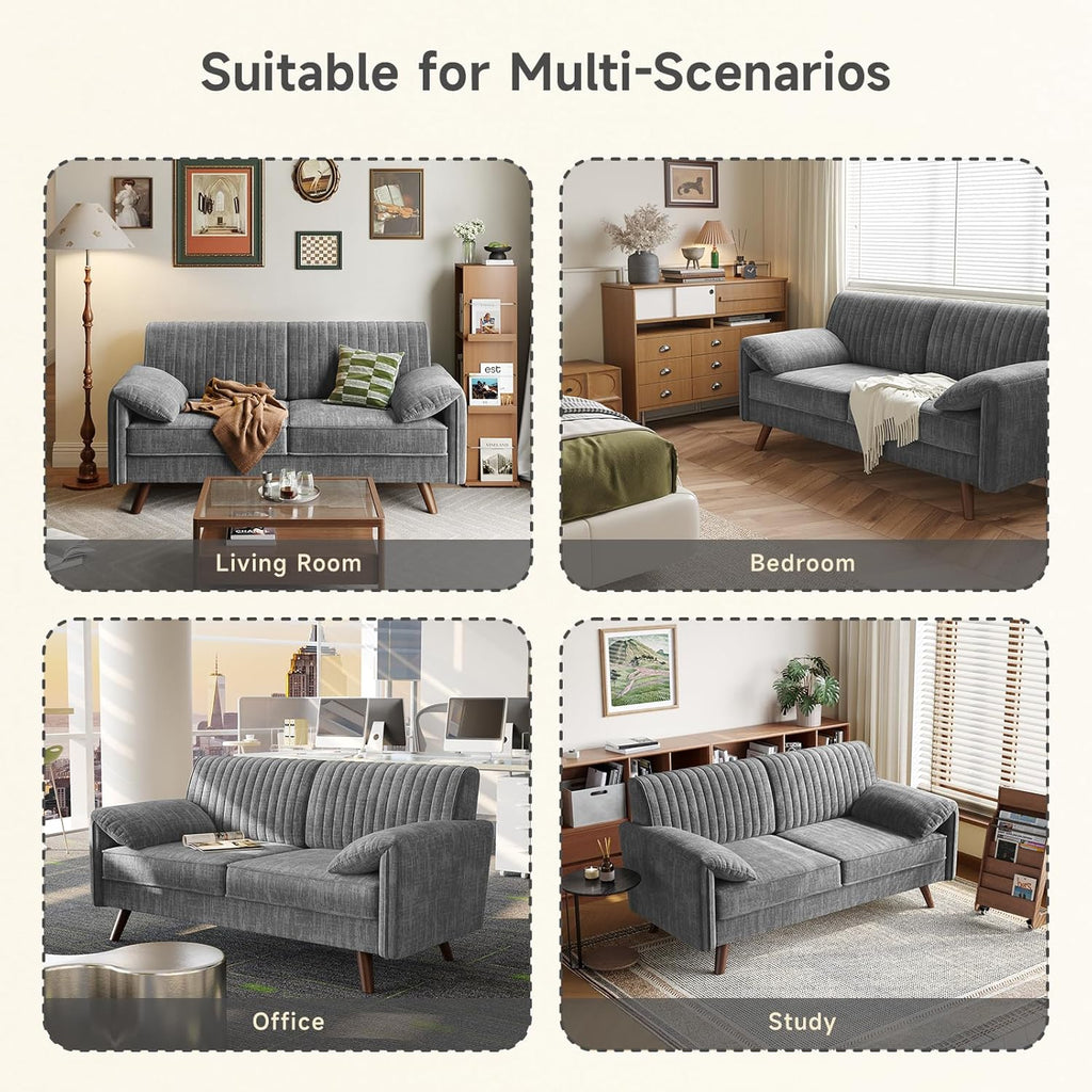 ONBRILL 64.5" Loveseat Sofa, Chenille Loveseat Couch for Living Room, 23.2" Deep Seat Love Seat with Padded Arms, Comfy Modern Small Couches for Bedroom, Small Spaces, Dorms, Office, Grey