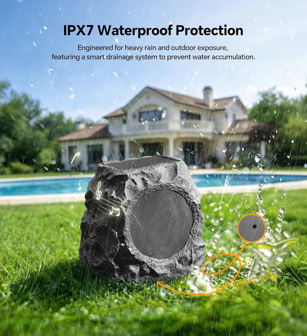 Upgraded Outdoor Rock Speaker 60W Deep Bass Multi-Sync up to 100Pcs, Remote Control, IPX7 Waterproof Solar-Powered Bluetooth Speaker Perfect for Pool, Garden, Patio, Ideal for Music Lovers - 2 Packs