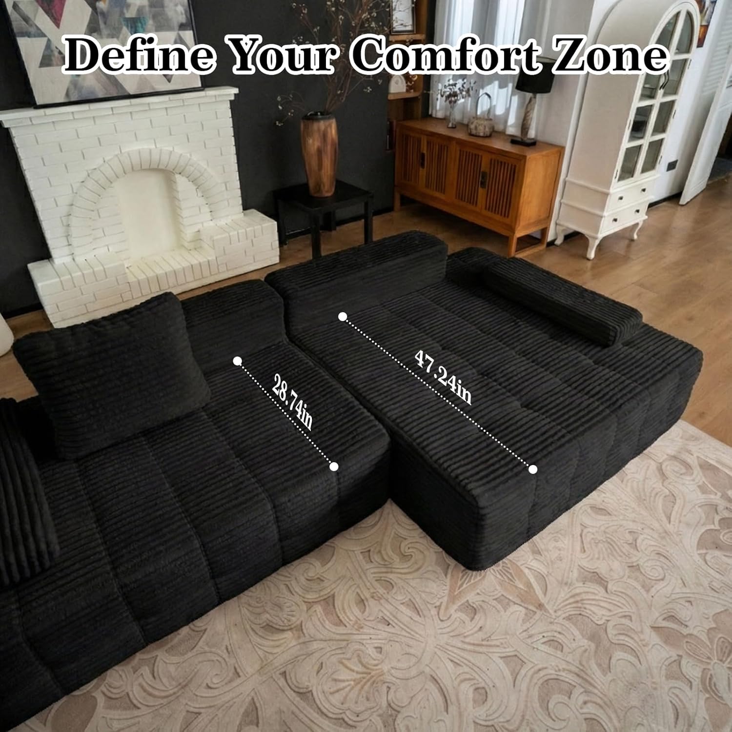 114" Sectional Couches for Living Room Cloud Couch Sofa with L-Shape Upholstered Boneless Couchs Modern Modular Sectional Couch with Chaise (Black, 114" W+Right Facing Chaise) | boneless couch, No Assembly Required