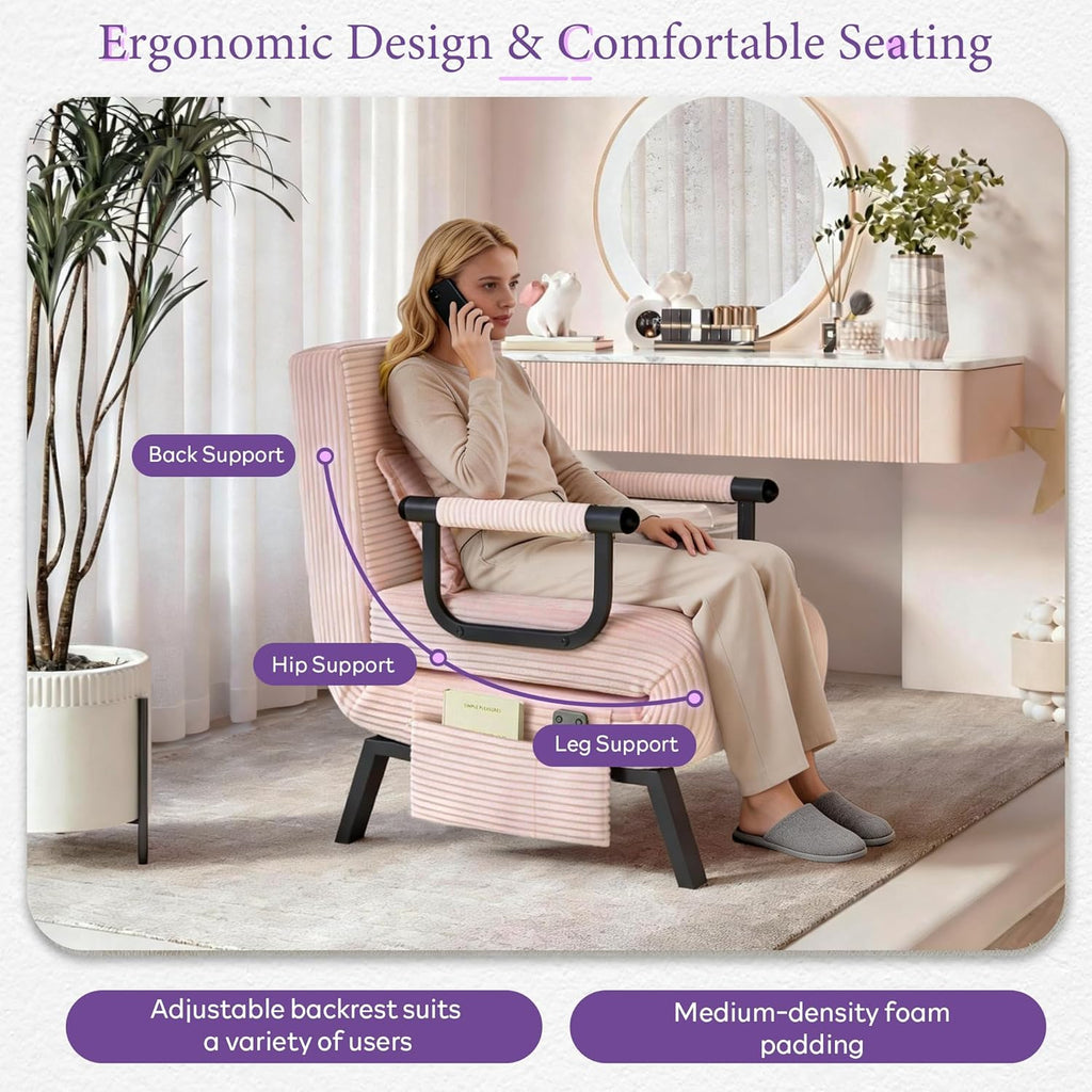 TYBOATLE Sleep Chair Bed, Comfy Convertible Sleeper Chairs for Adults, 5 in 1 Folding Sofa Bed with Adjustable Backrest & Side Pockets & Pillow, Cozy Small Corduroy Couch for Small Spaces (Pink)