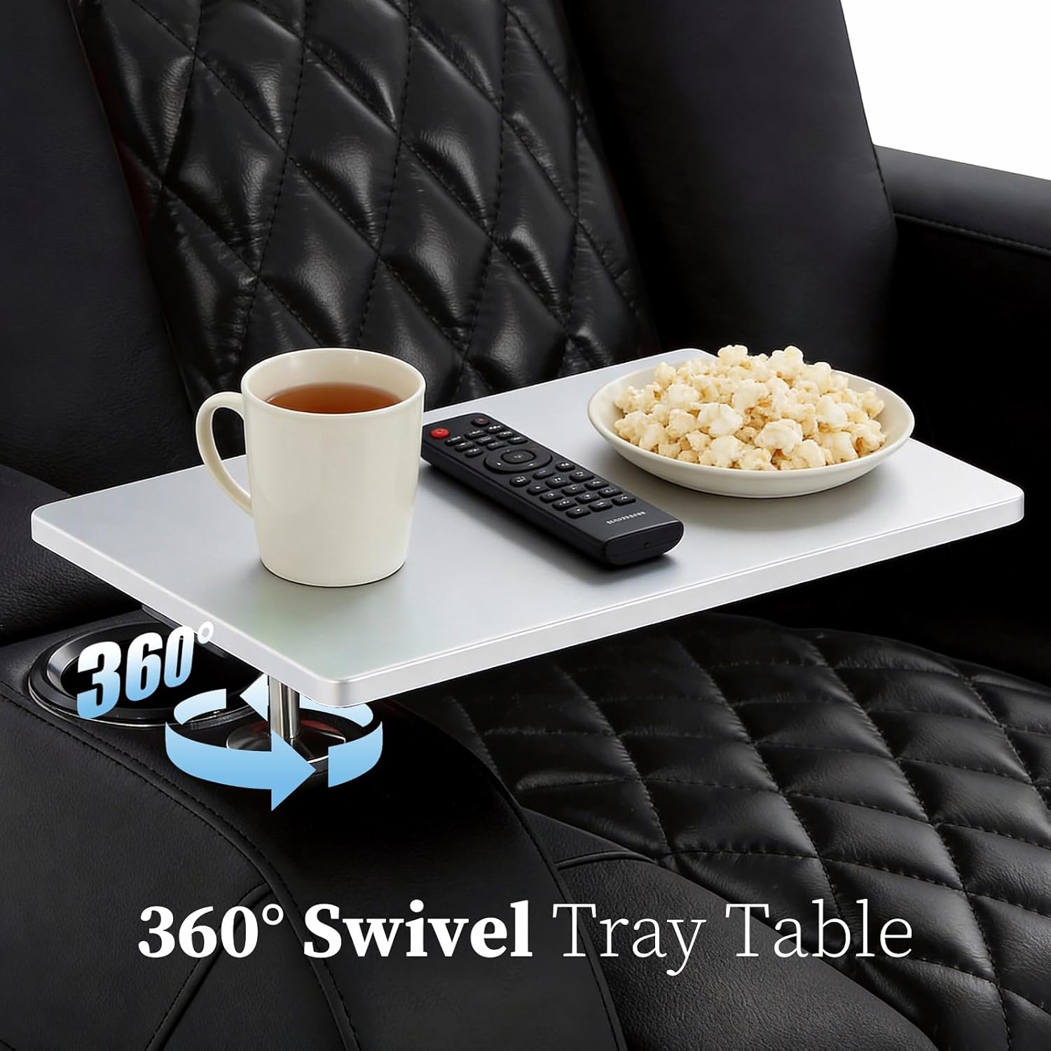 PBRO Home Theater Seating Genuine Leather Recliner Chair, Power Reclining & Headrest, USB A/C Charging Ports, Tray Table, Cup Holder Ambient Lighting Black Row of 4