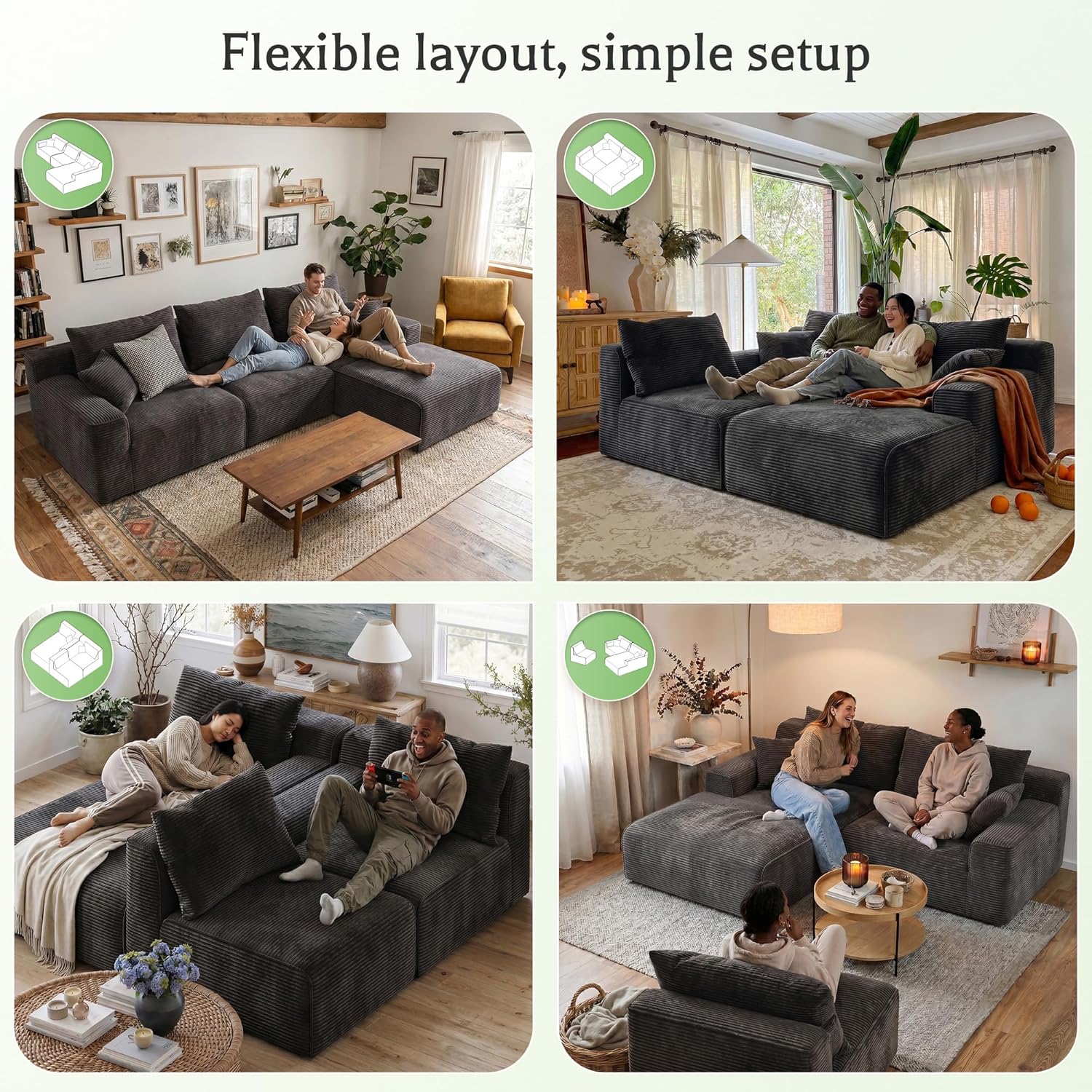 Homkdom Boneless Modular Sectional Couch, Cloud Couch L-Shaped Sofa with 61.5" Deep Seat & Right Facing Chaise – Deep Grey, Pet Friendly, 6 Configurations for Small Space Apartment, No Assembly