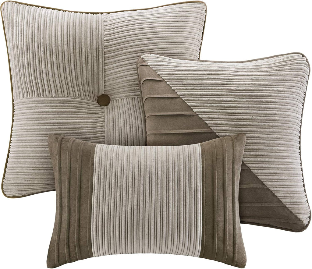Madison Park Cozy Comforter Set Casual Blocks Design All Season, Matching Bed Skirt, Decorative Pillows, King(104"x92"), Dallas Corduroy, Taupe Brown, 7 Piece