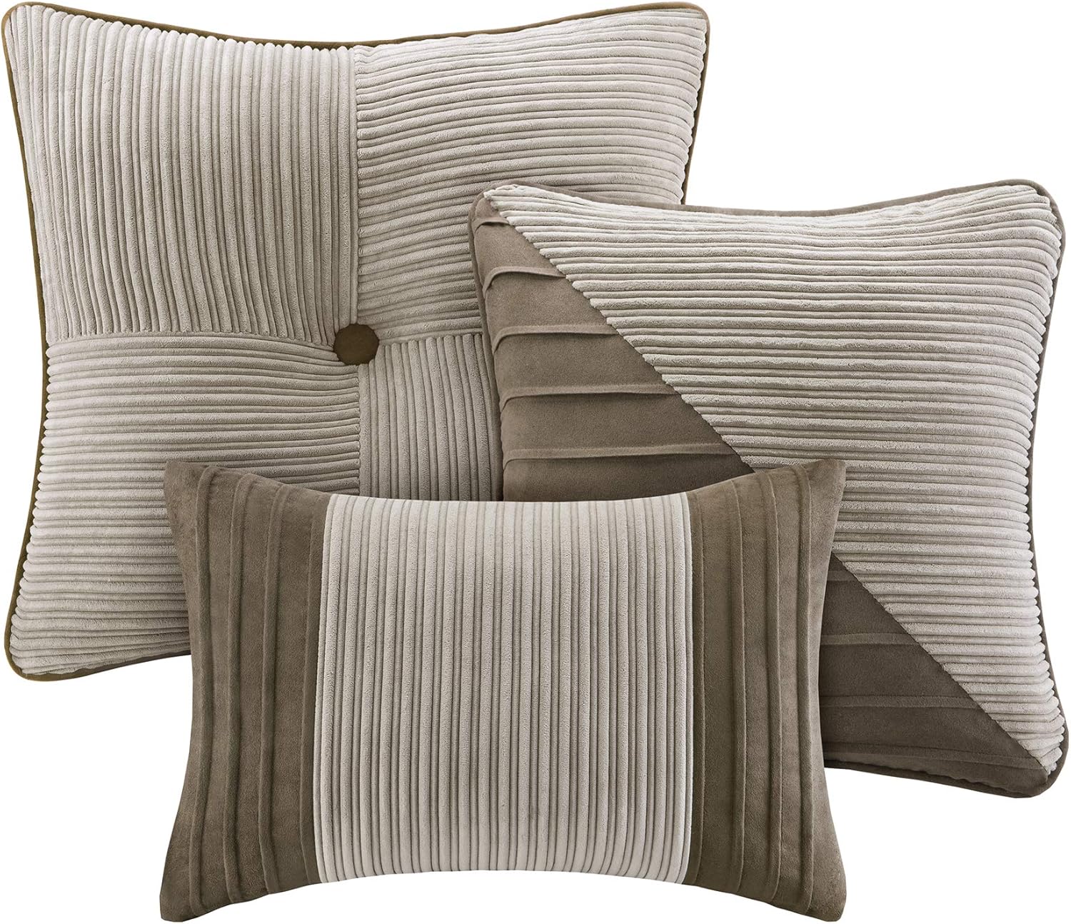Madison Park Cozy Comforter Set Casual Blocks Design All Season, Matching Bed Skirt, Decorative Pillows, King(104"x92"), Dallas Corduroy, Taupe Brown, 7 Piece