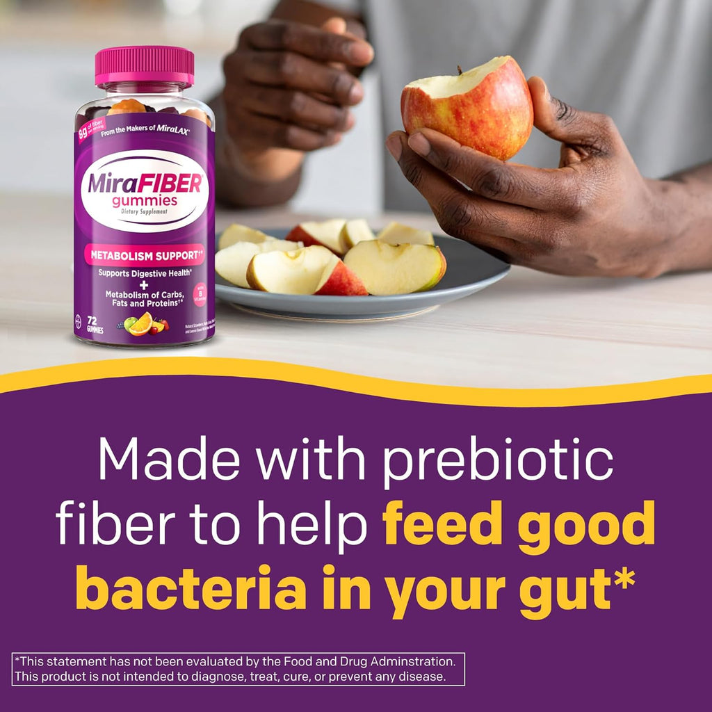 MiraFIBER Gummies from The Makers of MiraLAX, 8g of Daily Fiber Per Serving, Metabolism Support with B Vitamins, Gut Health for Men & Women,Prebiotic Fiber Gummies for Adults, Mixed Fruit Flavor 72Ct
