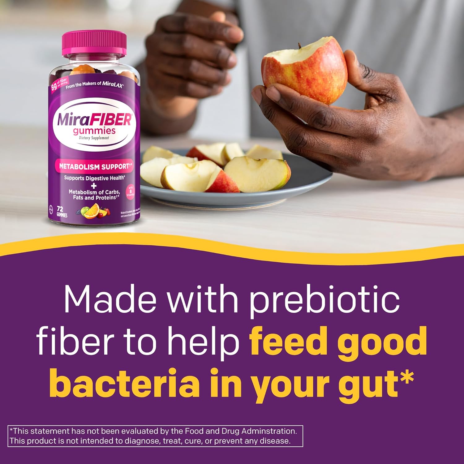 MiraFIBER Gummies from The Makers of MiraLAX, 8g of Daily Fiber Per Serving, Metabolism Support with B Vitamins, Gut Health for Men & Women,Prebiotic Fiber Gummies for Adults, Mixed Fruit Flavor 72Ct