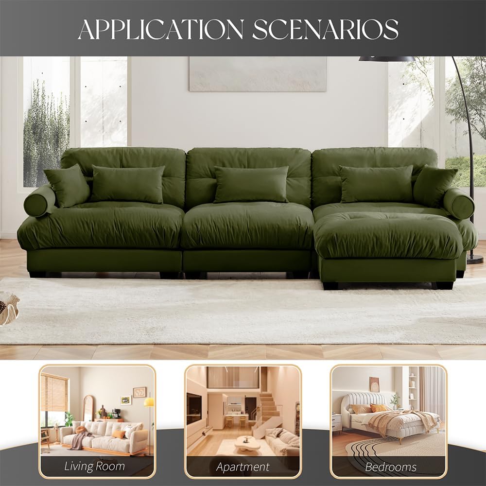 130" Modular Sectional Cloud Couch, Oversized 3-Seater Couch with Ottoman, Comfy Velvet Fluffy Sofa, Deep Seat L Shaped Sectional Couches for Living Room
