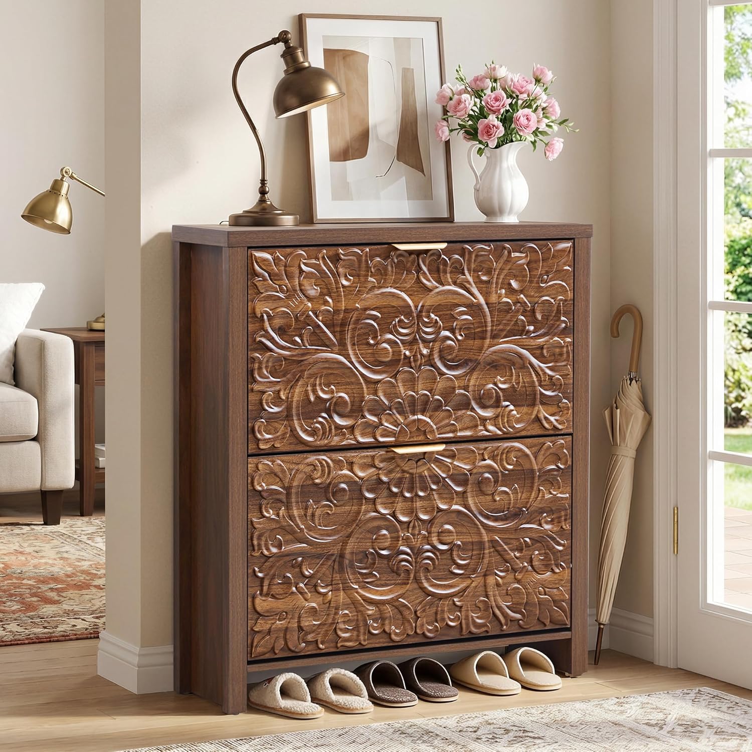 weselon Shoe Cabinet with Flip Drawers, Narrow Shoe Storage Cabinet, 2-Tier Hidden Shoe Organizer with Carved Floral for Entryway, Mid-Century Modern Slim Shoes Storage for Hallway Foyer (1, Walnut)