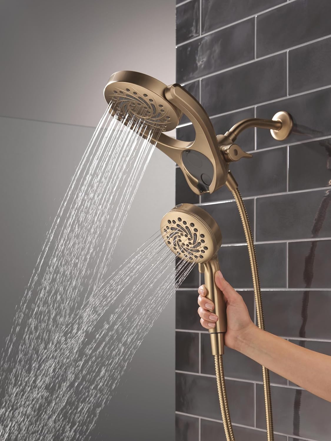 Delta 5-Setting HydroRain 2-in-1 Dual Shower Head with ProClean Spray, Brushed Gold High Pressure Shower Head with Handheld Spray, 1.75 GPM Flow Rate, Champagne Bronze 75419CZ