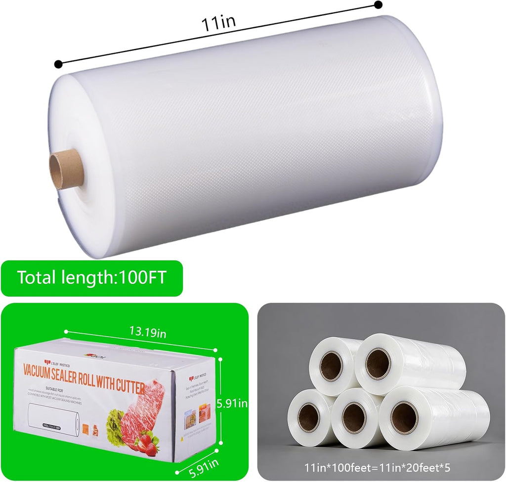 L'ELEF MISTICO Vacuum Sealer Bags Rolls 11''X100' with Cutter Box, Commercial Grade, BPA Free, Heavy Duty Food Storage Freezer Bags
