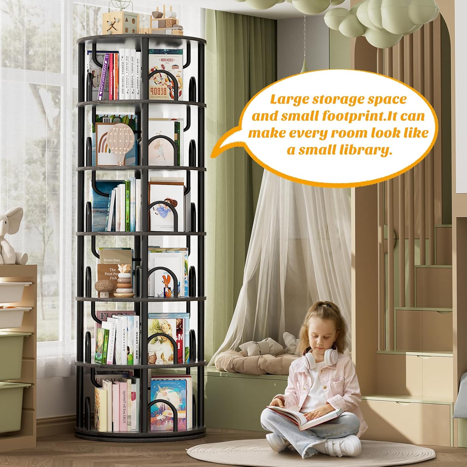 Aheaplus 6 Tier Rotating Bookshelf Tower, Revolving Bookcase, 360° Round Spinning Book Shelf, Narrow Swivel Bookshelves Vertical Turning Corner Bookshelf Organizer for Small Space, Black Oak