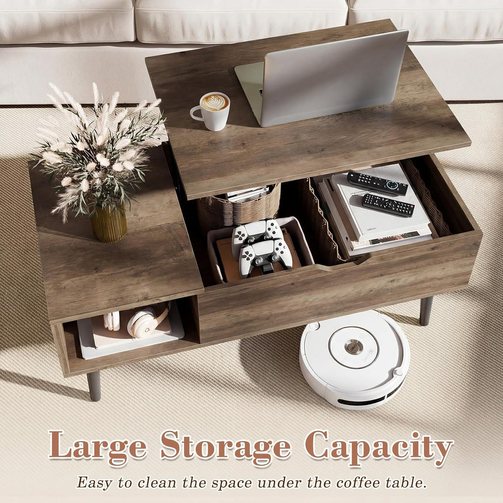 OLIXIS Wooden Coffee Table, Lift Top Coffee Table with Large Hidden Compartment and Ample Storage Shelf, Lift Tabletop Dining Table for Living Room, Home Small Space, Grey