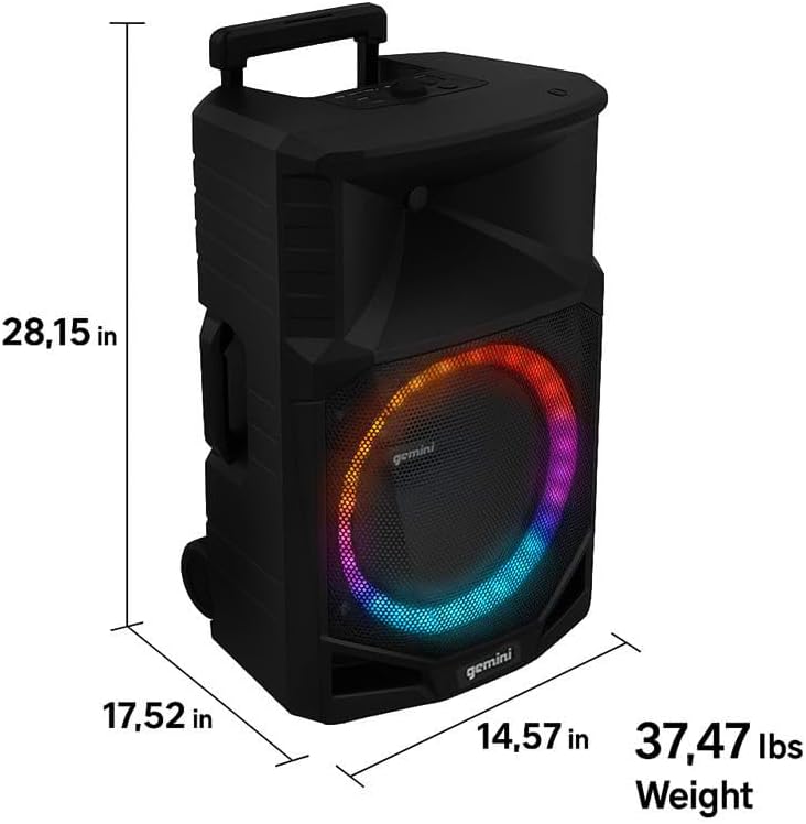 Gemini Sound Portable PA Speaker System with Bluetooth – 15" Woofer, All-Weather IPX4, 24Hr Battery, RGB LED Party Lights, Mic & Guitar Inputs, USB/FM Radio, Wireless Stereo Link (GXP-T1500)