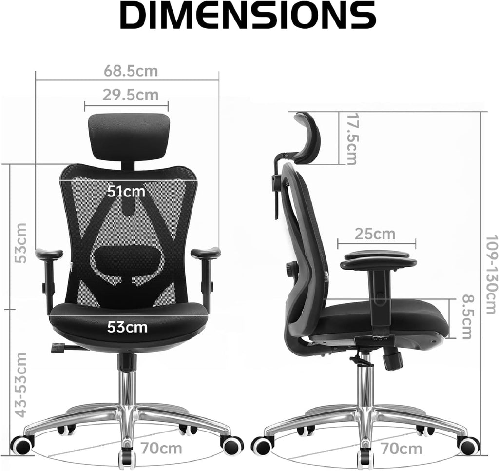 SIHOO M18 Ergonomic Office Chair, High Back Mesh Desk Chair with Adjustable Headrest & Lumbar Support, 330lbs Capacity Computer Chair with 2D Armrests & Wide Cushion, Tilt Lock, for Home Office-Black