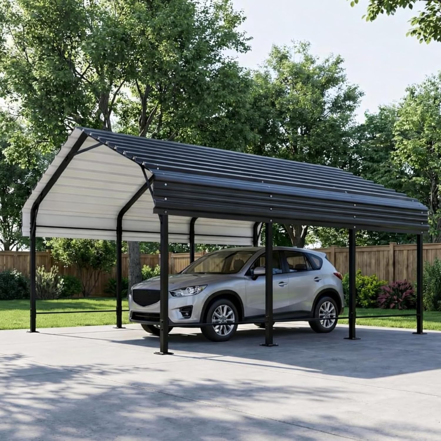 12x15 FT Heavy Duty Metal Carport, All-Weather Outdoor Vehicle Shelter with Steel Roof & Reinforced Frame, Permanent Car Canopy for Trucks, SUVs, Boats & Garden Storage(Gray)