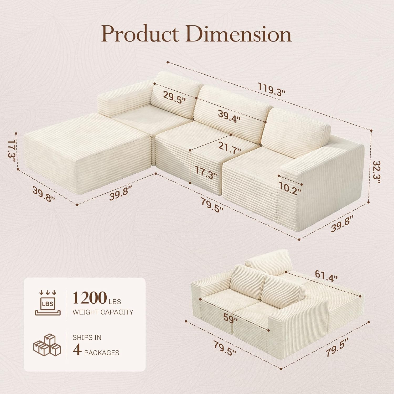Vesgantti 119" L-Shaped Modular Sectional Sofa, Corduroy Cloud Couch with Deep Seating & Spring Support, Flexible Layout Sofa with Ottoman, Boneless Style, No Assembly Required, Beige
