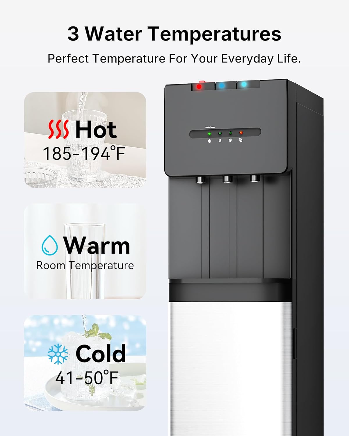 Self Cleaning Bottom Loading Water Cooler Dispenser for 3 & 5 Gallon Bottles - Hot, Cold & Room 3 Temperature, Child Safety Lock, LED Indicator Light, Ideal for Kitchen & Office, Black