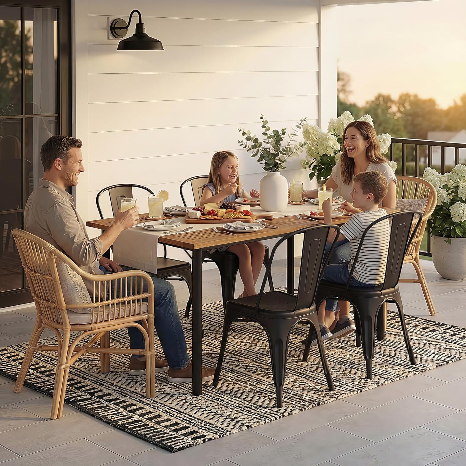 Flamaker Acacia Wood Patio Outdoor Dining Table for 6, Outdoor Table with Umbrella Hole and Metal Legs for Garden, 63''L x 36'' W x 30'' H