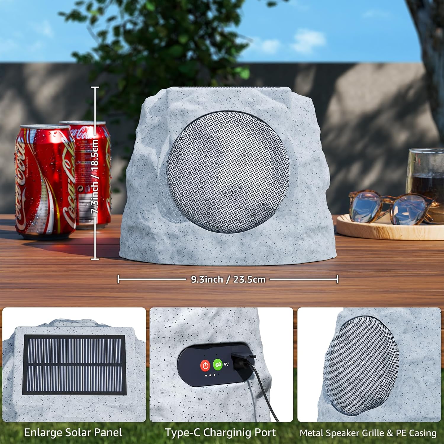 Rock Speakers Outdoor Water-Resistant IP44, Multi-Sync Up to 100 Speakers, Solar-Powered Rock Speaker with Light for Patio Garden Party Pool Deck Yard Outside
