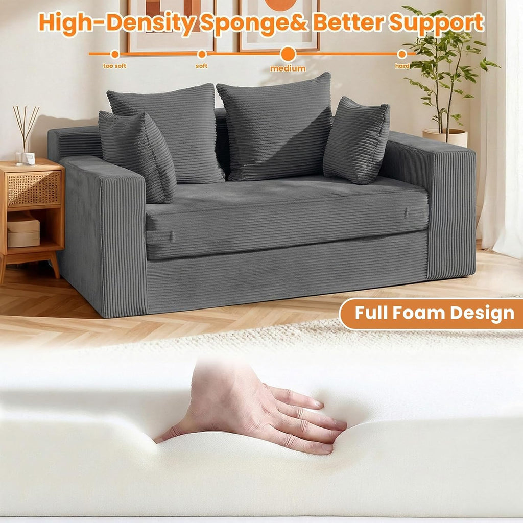 Winzon Boneless Loveseat, 3 in 1 Convertible Sofa Bed Sleeper Sofa Floor Futon Bed with 4 Pillows, 55" Grey Boneless Couch for Living Room, Guest Room, Small Space, No Assembly Required, Corduroy