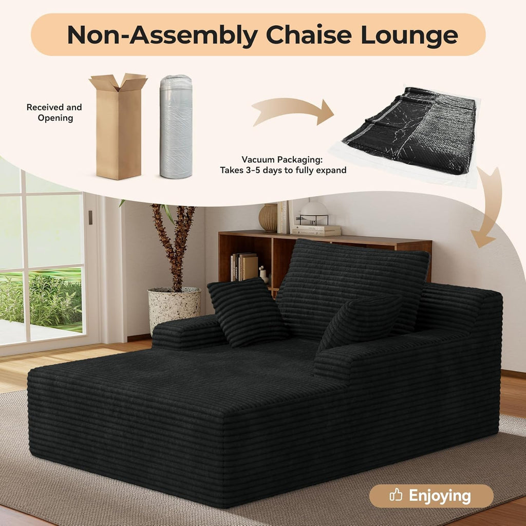 51'' Oversized Chaise Lounge Chair Indoor, Non-Assembly Deep Seat Sofa Bed Corduroy Sleeper Cloud Couch with 2pcs Pillows for Reading Living Room-Black