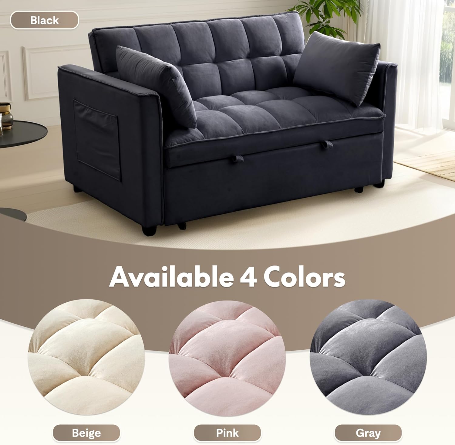 FLEXISPOT XCT4 Pull Out Couch, 3-in-1 Sleeper Sofa Bed with Adjustable Backrest, Loveseat Sleeper with Pillows & Side Pockets, Convertible Futon Couch for Small Spaces Guest Room Apartment, Black