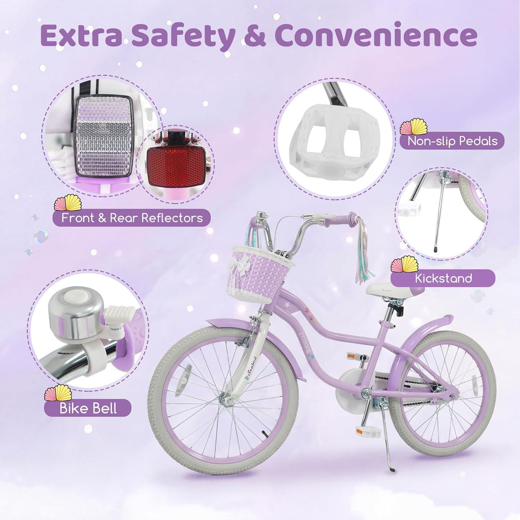 COSTWAY Mermaid Kids Bike, 12/14/16/18/20 Inch Toddler Bike w/Removable Training Wheels, Streamers, Doll Storage Basket, Handbrake & Coaster Brake, Children Kids Bicycle for 3+ Years Old Boys & Girls