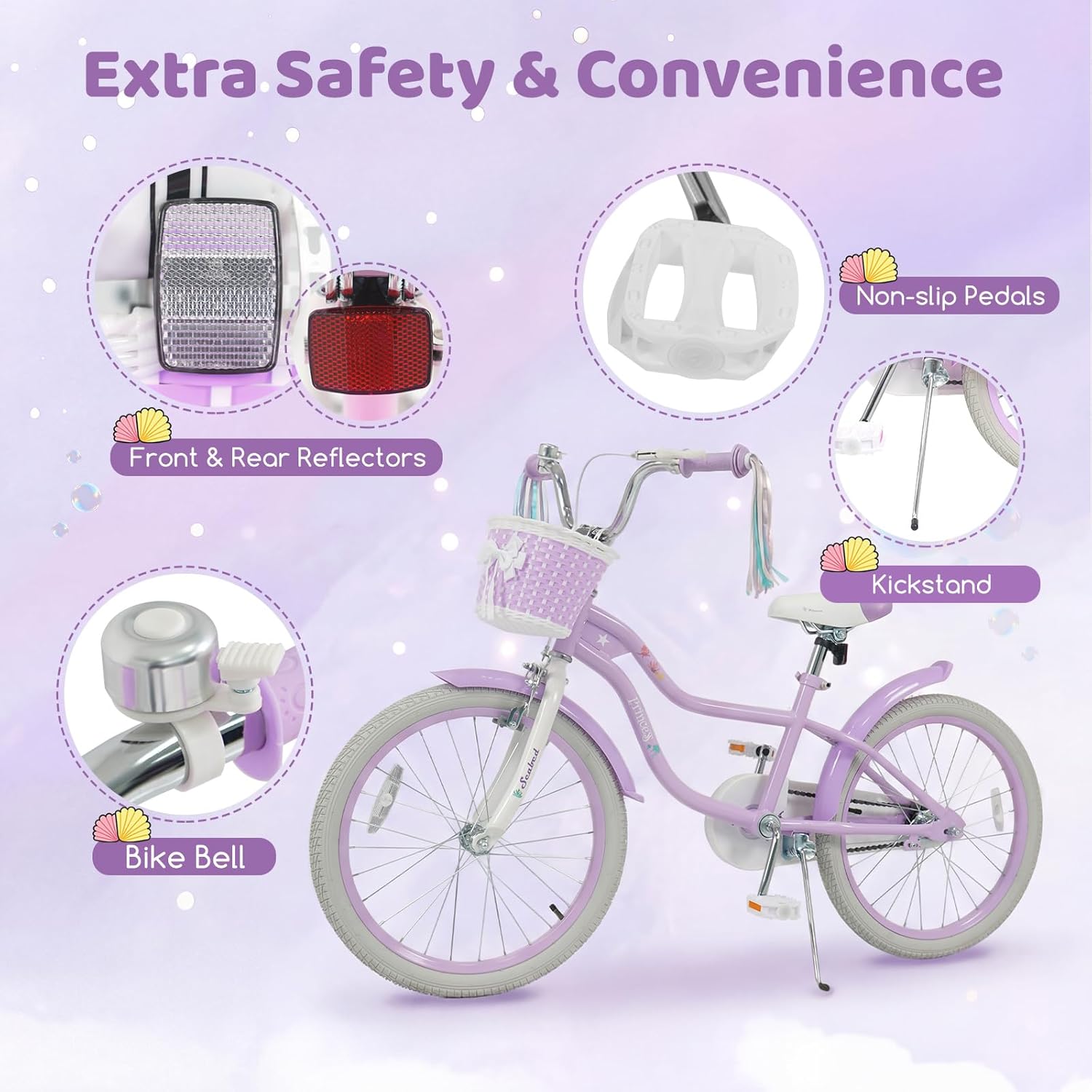 COSTWAY Mermaid Kids Bike, 12/14/16/18/20 Inch Toddler Bike w/Removable Training Wheels, Streamers, Doll Storage Basket, Handbrake & Coaster Brake, Children Kids Bicycle for 3+ Years Old Boys & Girls
