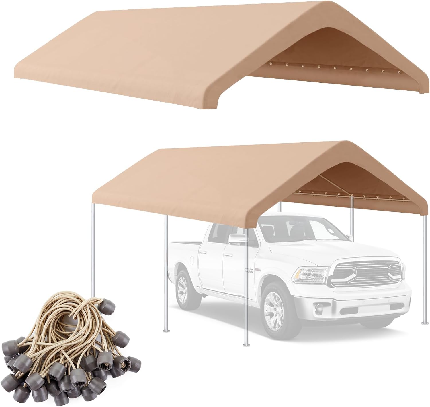 10x20FT Canopy Replacement Cover, Carport Replacement Canopy for 10' x 20' Frame, 800D Oxford Waterproof & UV Protected Tarp with Ball Bungees (Frame is not Included) (Beige)