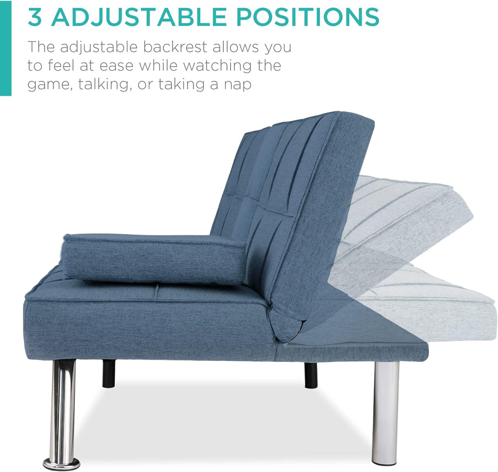 Best Choice Products Linen Modern Folding Futon, Reclining Sofa Bed for Apartment, Dorm w/Removable Armrests, 2 Cupholders - Blue