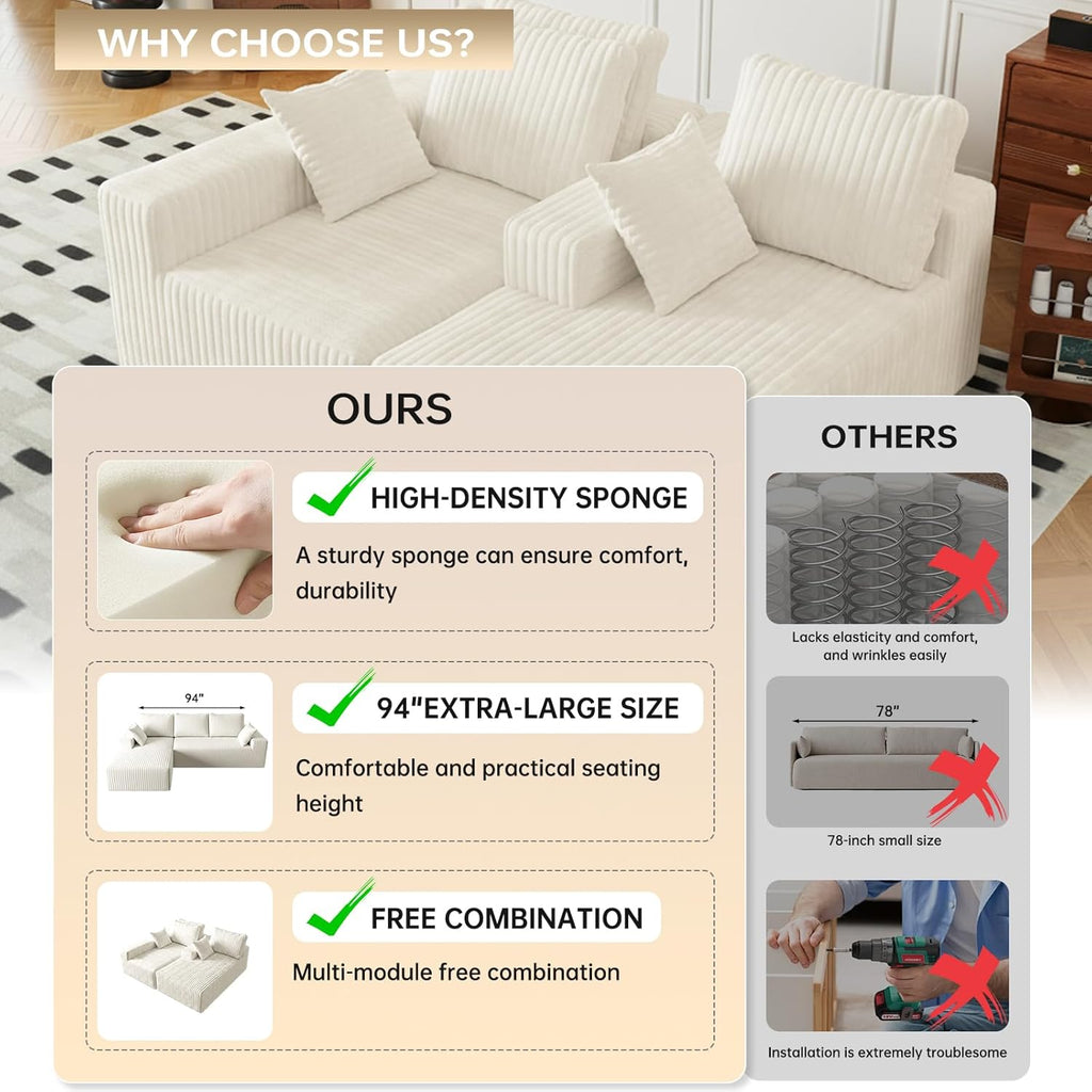 Beige Boneless Cloud Couches for Living Room L Shapes 3 Seater Sectional Sofa with Chaise Lounge, Comfy Flannel Fabric Memory Foam Couch Including Throw Pillow and Backrest - Removable Washable, 96"
