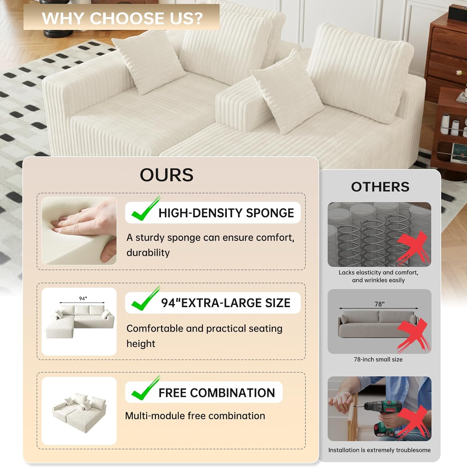 Beige Boneless Cloud Couches for Living Room L Shapes 3 Seater Sectional Sofa with Chaise Lounge, Comfy Flannel Fabric Memory Foam Couch Including Throw Pillow and Backrest - Removable Washable, 96"
