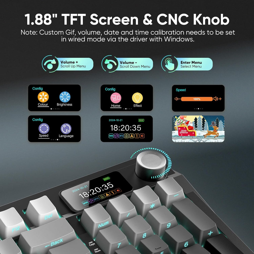 RedThunder K95 Wireless Mechanical Keyboard,TFT Screen & Knob, Trip-Modes Connection, Gasket Custom Hot-Swap Keyboard, RGB Backlit, Pre-lubed Linear Switches, Side Printed PBT Keycaps, Gray Gradient