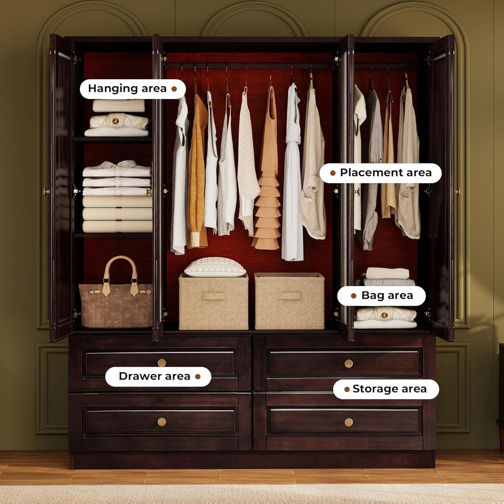 Solid Wood Armoire Wardrobe Closet: 70.87"Large Wardrobe Cabinet Storage,Clothes Organizer with Mirror,Doors,Shelves,Hanging Rods and Drawers,American Style Freestanding Bedroom Brown Black Finish