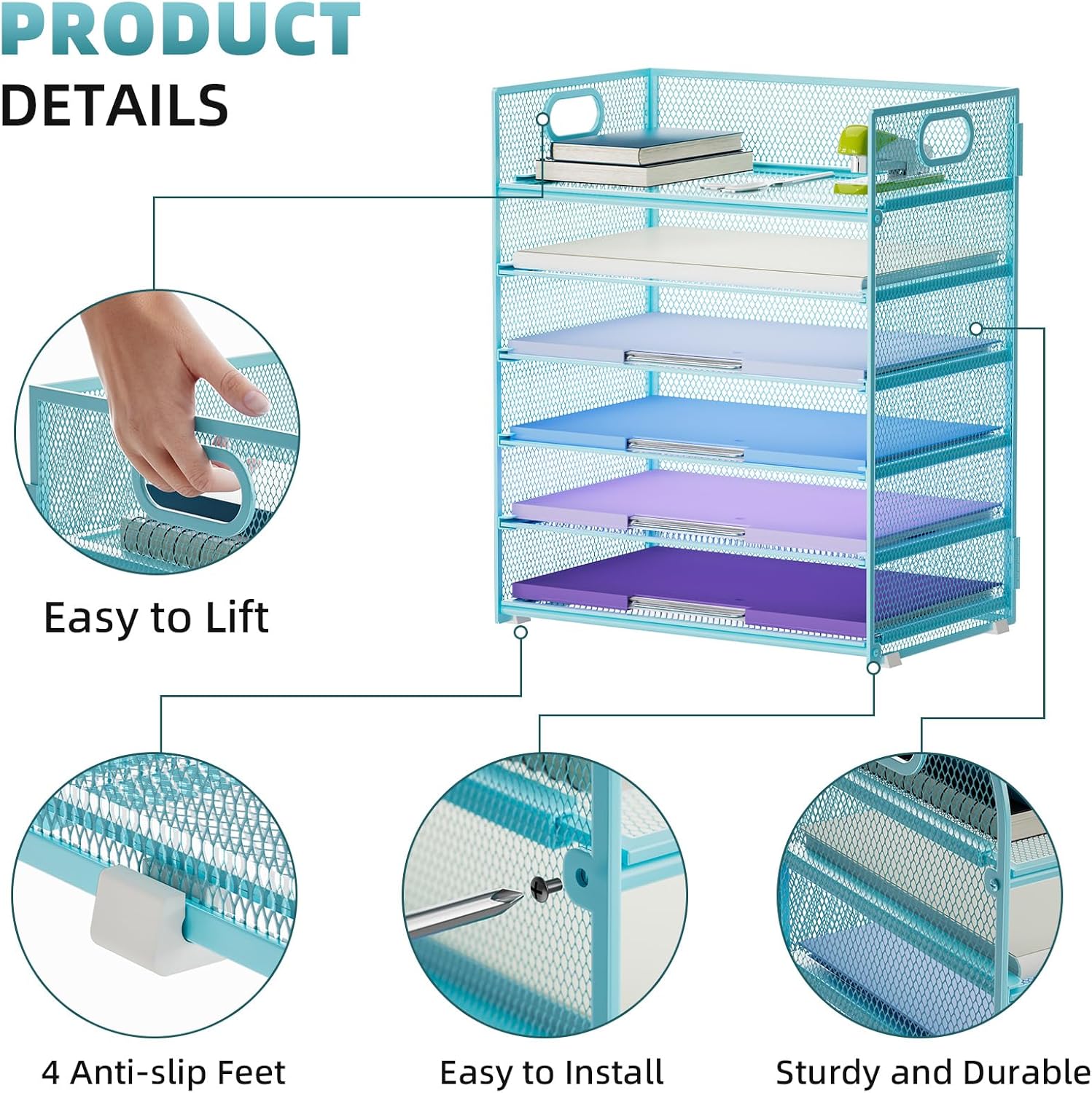 Marbrasse 2 Pack Desk Organizer with Handle, 6 Tier Paper Letter Tray, Mesh Desk File Organizer for Office, School and Home - Blue
